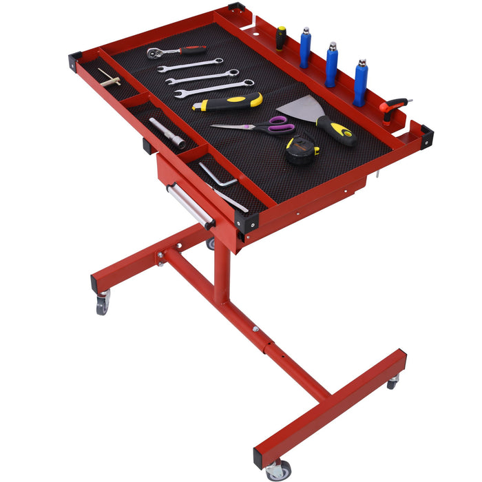 Giga adjustable tear down work table with drawer, heavy-duty steel, rubber corners, four swivel casters, and 220-pound capacity.