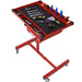 Giga adjustable tear down work table with drawer, heavy-duty steel, rubber corners, four swivel casters, and 220-pound capacity.