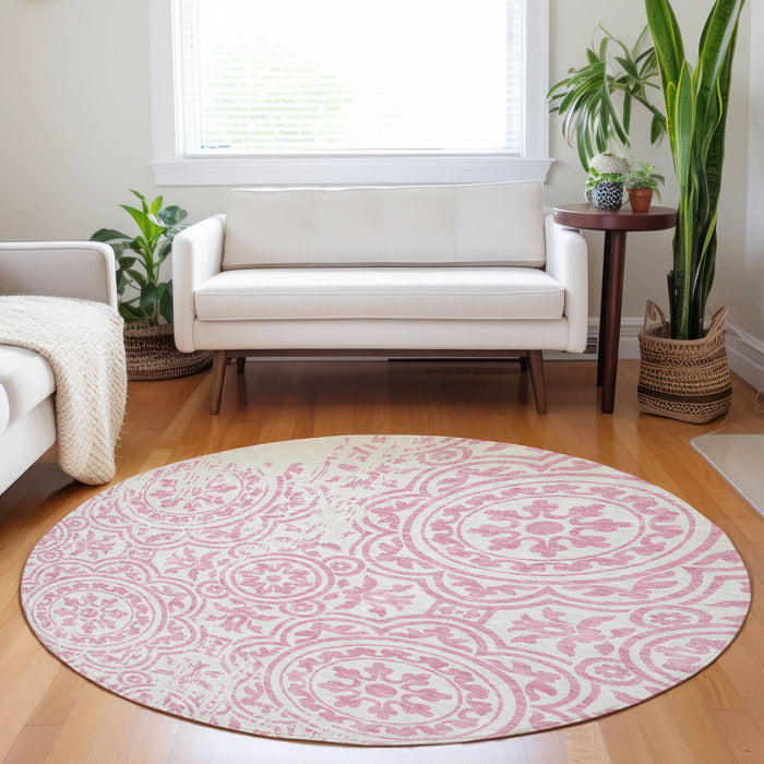 8' Medallion Washable Round Rug With UV Protection - Pink / Ivory