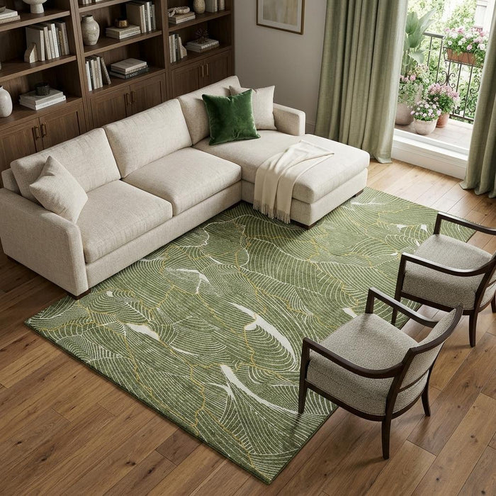 10' X 14' Abstract Washable Area Rug With UV Protection (682229) - Olive Green / Ivory / Gold