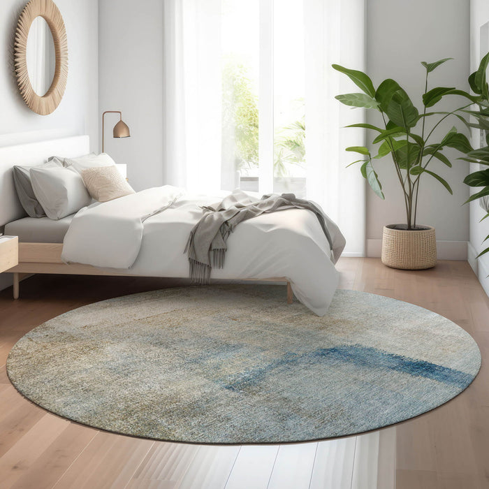 8' Abstract Washable Round Rug With UV Protection - Taupe / Ivory
