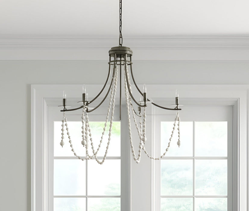 Candle Style Six Light Metal And Beads Dimmable Chandelier - Silver / White