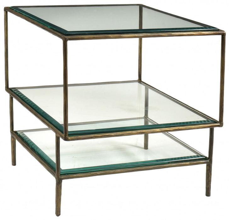 Glass And Iron Square End Table With Two Shelves - Bronze And Clear