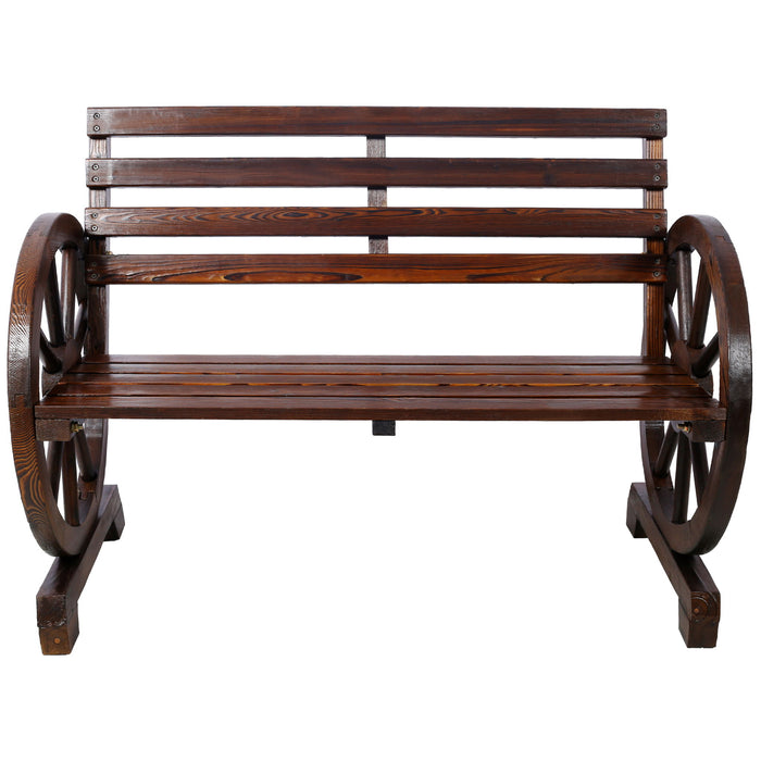 Rustic Giga country wooden wagon wheel bench for two with slatted seat and backrest in brown, ideal for outdoor or rustic decor.
