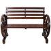 Rustic Giga country wooden wagon wheel bench for two with slatted seat and backrest in brown, ideal for outdoor or rustic decor.