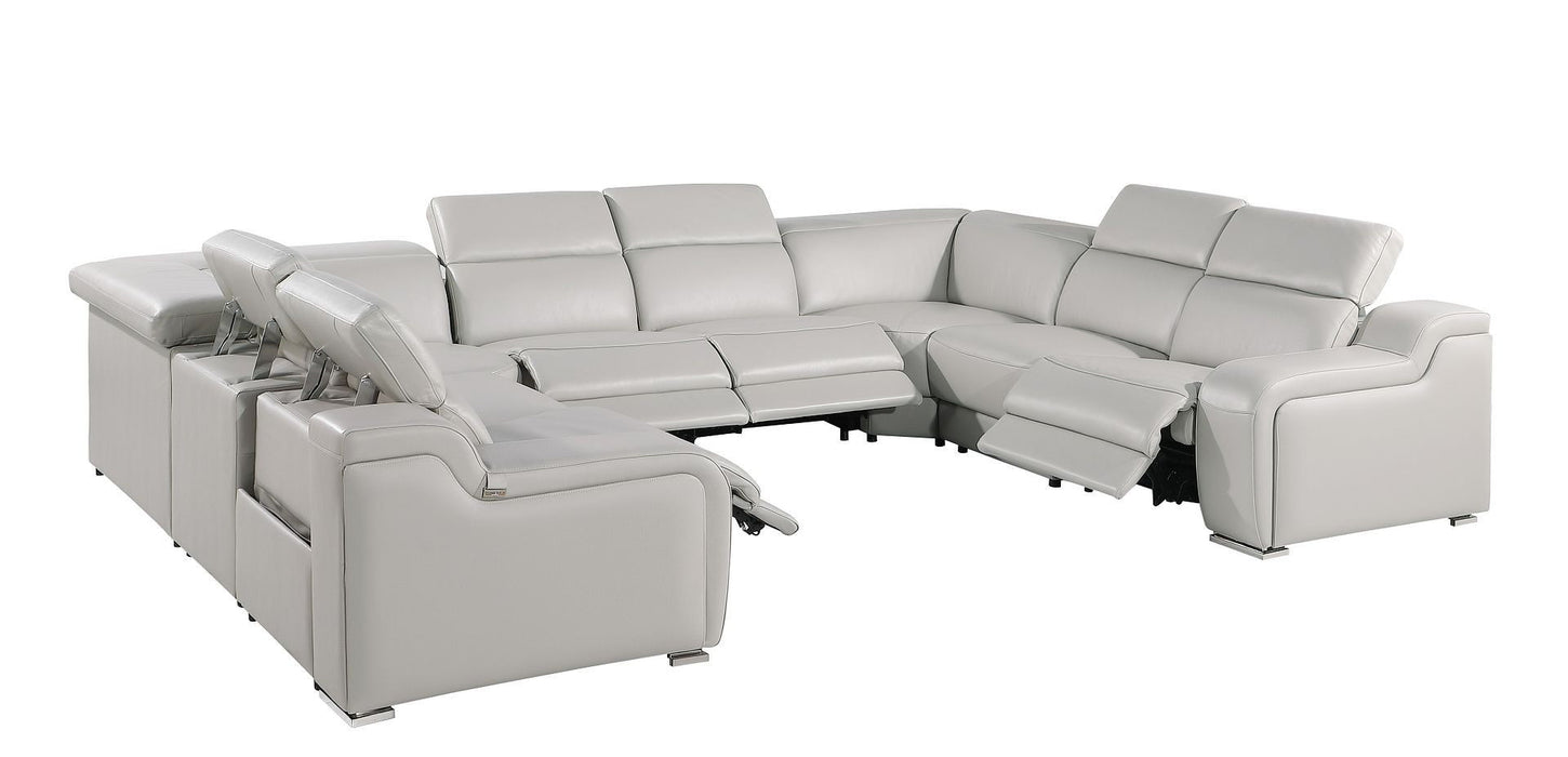 Leather Power Reclining U-Shaped Eight Piece Corner Sectional With Console - Light Gray