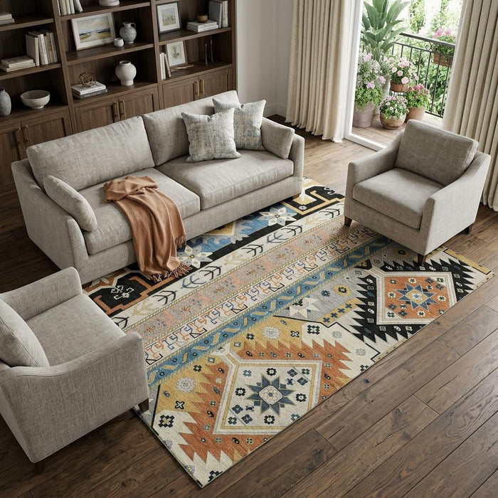 10' X 14' Southwestern Washable Area Rug With UV Protection (679618) - Black / Copper / Gold