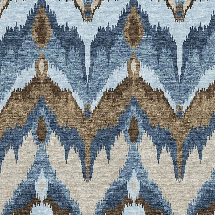 9' X 12' Ikat Washable Area Rug With UV Protection - Blue