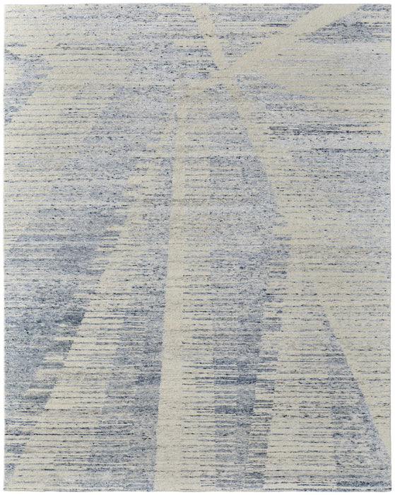 4' x 6' Abstract Hand Knotted Worn Faded Area Rug - Blue And Ivory