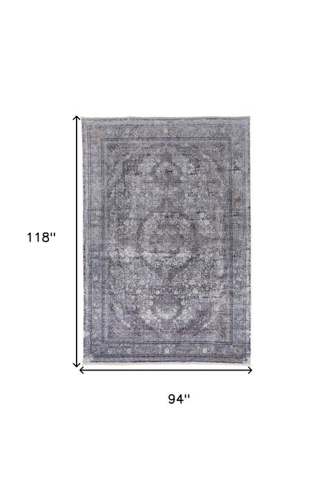 7.8' x 9.8' Oriental Power Loom Worn Faded Area Rug - Gray And Silver
