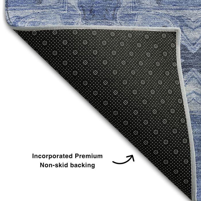 10' X 14' Floral Medallion Washable Area Rug With UV Protection (649480) - Denim Blue / Ivory