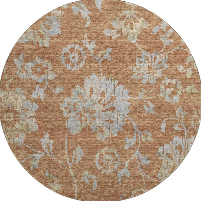 8' Floral Washable Round Rug With UV Protection (667930) - Rust / Gray