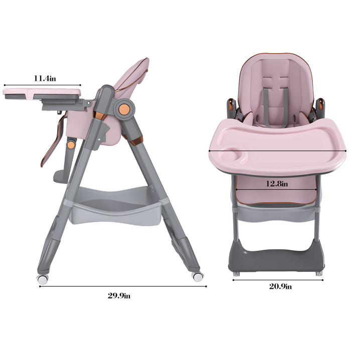 Giga adjustable baby high chair with safety belt, silent lockable wheels, suitable for infants to 6 years, portable arm chair.