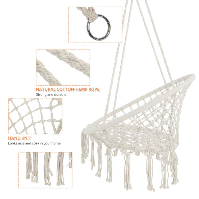 Giga macrame hanging hammock chair with rope swing design, suitable for indoor and outdoor use, featuring woven fabric and sturdy support ropes.