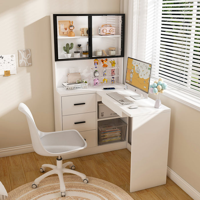 Giga L-shaped computer desk with glass cabinets, built-in LED lights, and USB charging ports in a modern corner desk design.