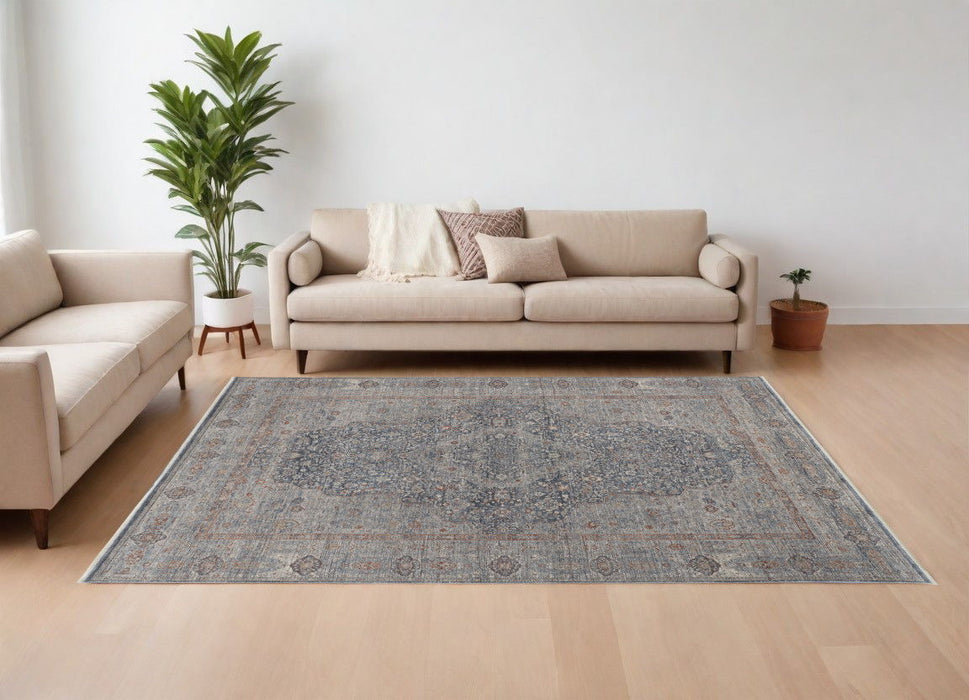 12' x 15' Oriental Power Loom Worn Faded Area Rug With Fringe - Gray Blue And Red