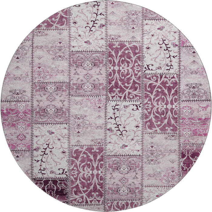 8' Patchwork Distressed Washable Round Rug With UV Protection (649555) - Burgundy / Ivory