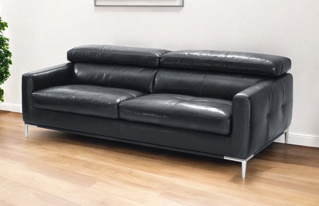 Genuine Leather Sofa With Silver Legs - Black