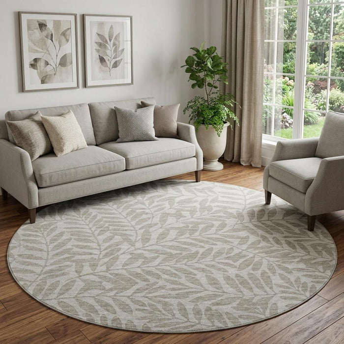 8' Botanical Leaves Washable Round Rug With UV Protection (644847) - Taupe / Ivory