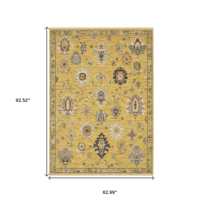 5' X 8' Oriental Area Rug With Fringe - Yellow