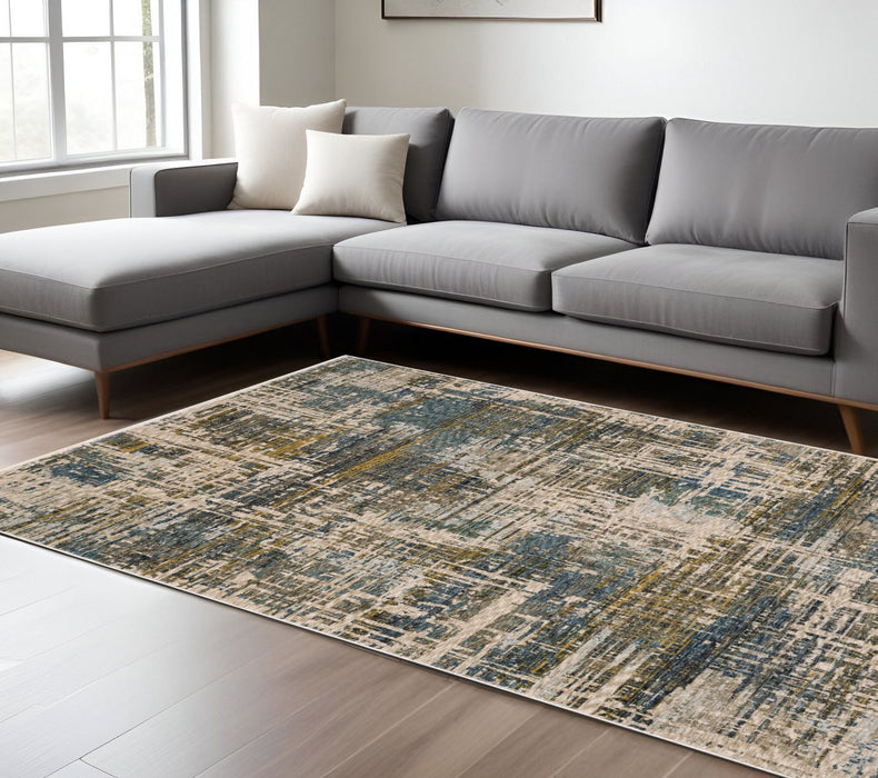 8' X 11' Abstract Distressed Area Rug With Fringe - Blue And Gold