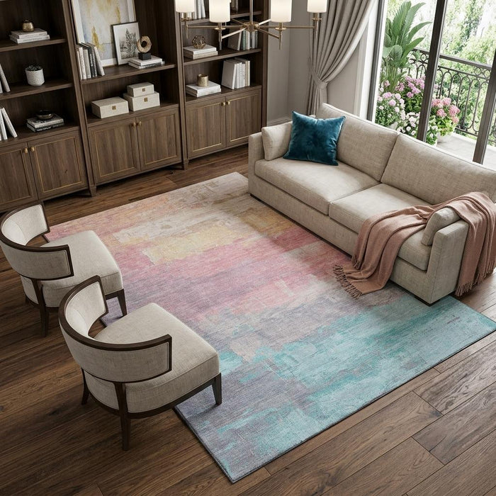 10' X 14' Abstract Washable Area Rug With UV Protection (693942) - Salmon / Silver / Teal