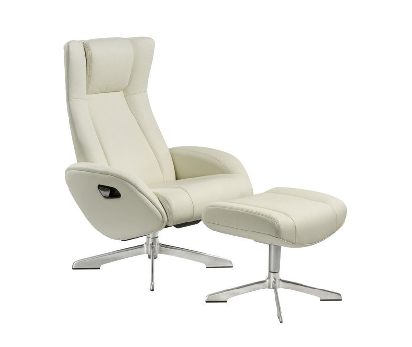 White tufted genuine leather manual swivel recliner with matching ottoman by HomeRoots, showing plush cushioning and sleek design.