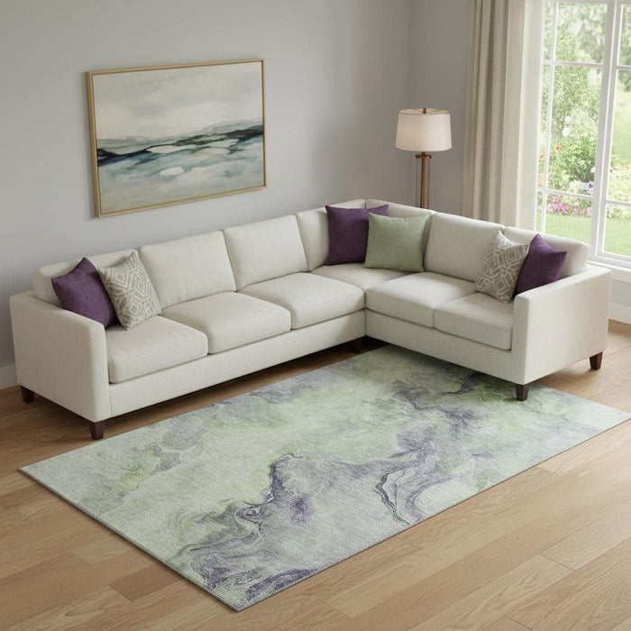 10' X 14' Abstract Washable Area Rug With UV Protection (697007) - Artichoke Green / Silver / Lavender