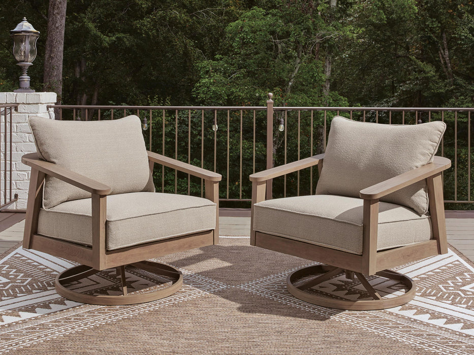 Signature Design by Ashley Harmony Headlands swivel lounge chair with cushion, natural wood finish and gray upholstery, modern and comfortable.