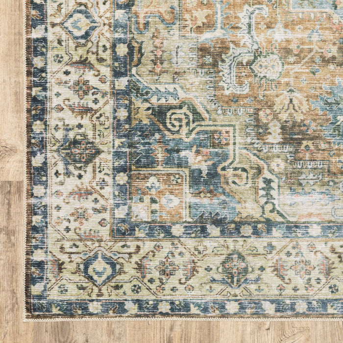 7' x 10' Oriental Printed Stain Resistant Non Skid Area Rug - Blue Gold Brown Green And Salmon