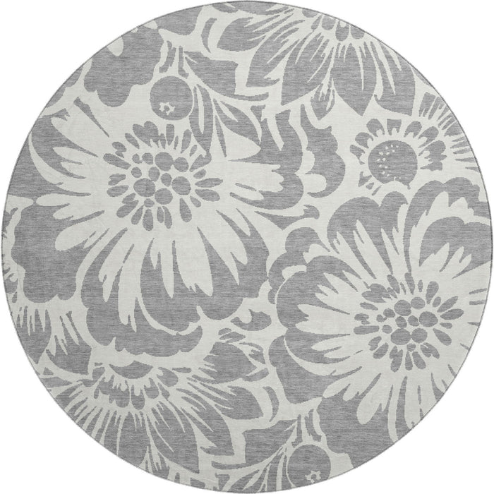 8' Floral Washable Round Rug With UV Protection (648649) - Gray / Ivory