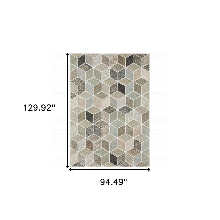 8' x 11' Geometric Power Loom Stain Resistant Area Rug - Beige Brown Gray Tan Sage And Pale Blue