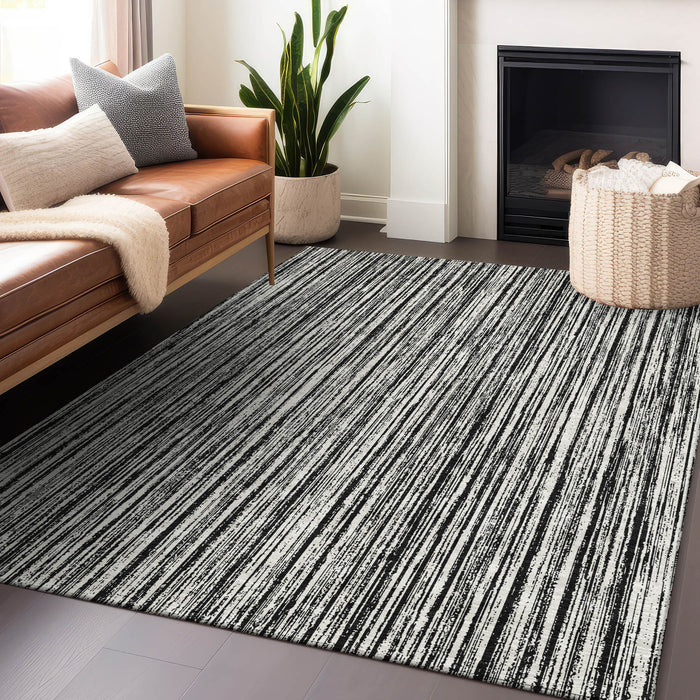 9' X 12' Striped Washable Area Rug With UV Protection - Black And Ivory