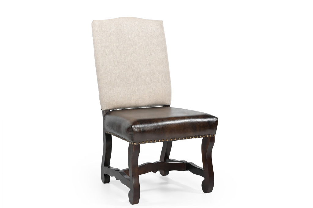 Wood Leather Linen Dining Side Chairs (Set of 2) - Dark Brown