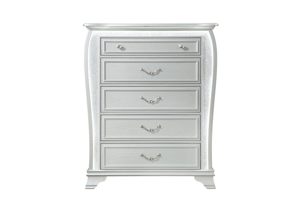 Aria - 5 Piece King Bedroom Set (Bed, Dresser & Mirror, Nightstand, Chest) - Silver