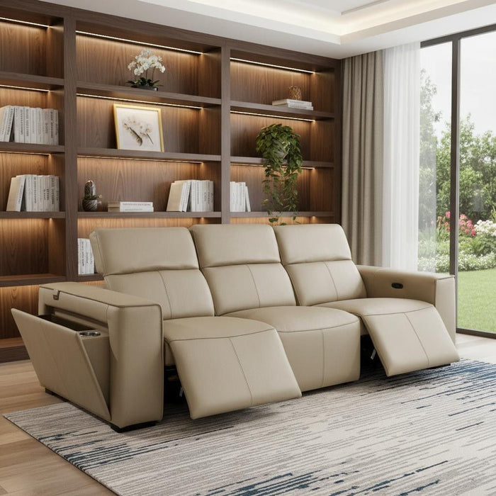 Top Grain Leather Reclining Metal USB Sofa (720385) - Beige