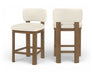 Pair of Meridian Furniture Paloma faux leather counter stools with brown frames, upholstered seats, and modern design.
