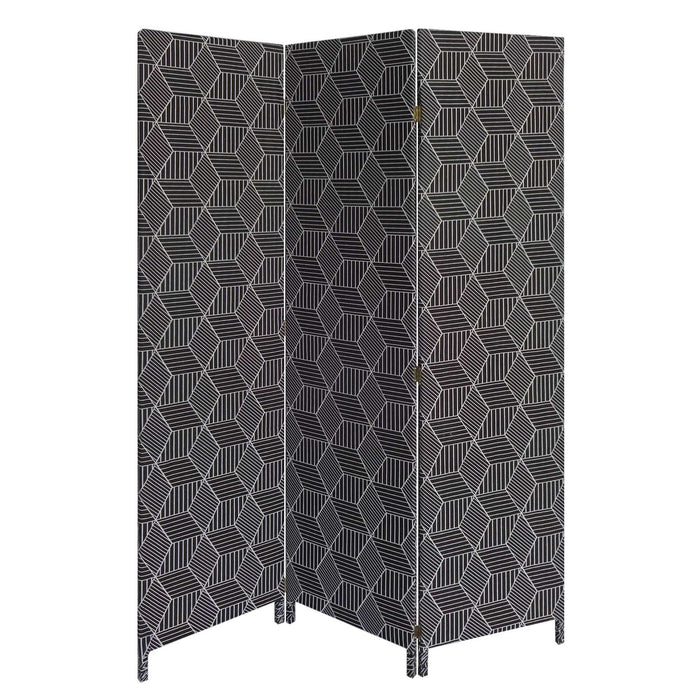 Fabric Folding Three Panel Screen Room Divider - Black And White