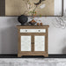 Giga antique brown and white accent cabinet with carved floral panels, drawer, and double doors, showcasing elegant woodwork details.
