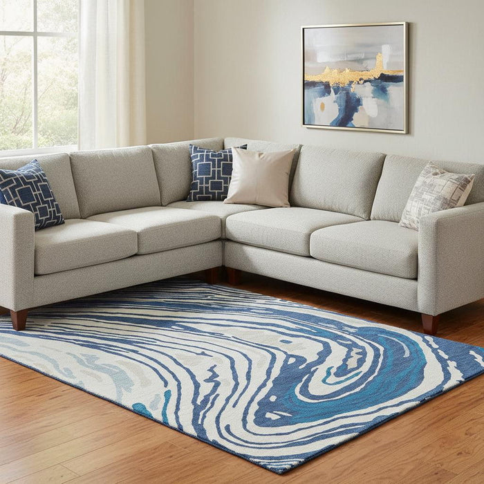 10' X 14' Abstract Washable Area Rug With UV Protection (682439) - Navy Blue / Ivory / Beige