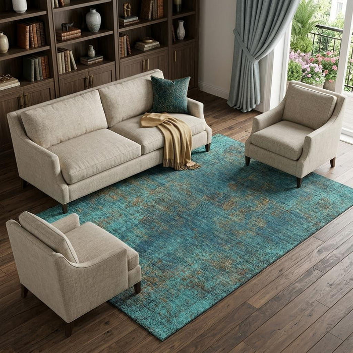 10' X 14' Abstract Washable Area Rug With UV Protection (674898) - Teal / Brown
