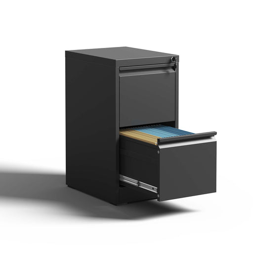 Giga steel vertical filing cabinet with lock, suitable for A4, legal, and letter-sized documents, shown in a modern office setting.