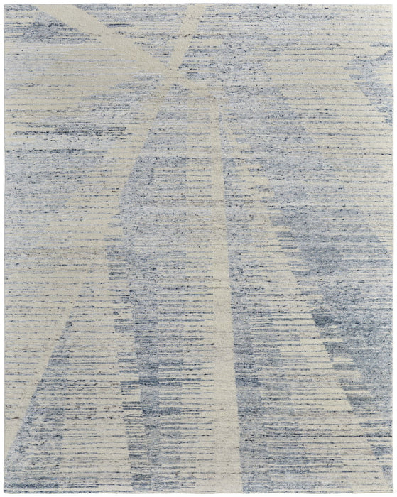 6' x 9' Abstract Hand Knotted Worn Faded Area Rug - Ivory And Blue
