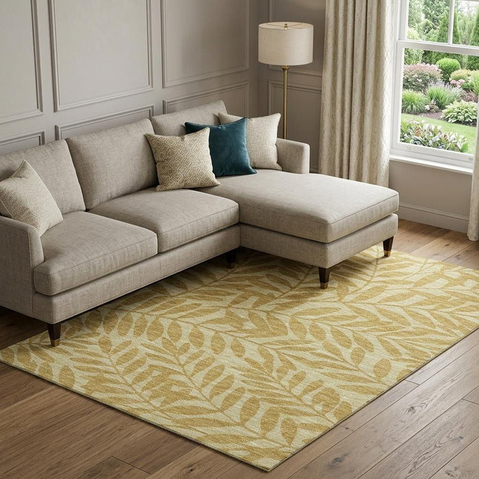 10' X 14' Botanical Leaves Washable Area Rug With UV Protection (644856) - Gold / Ivory