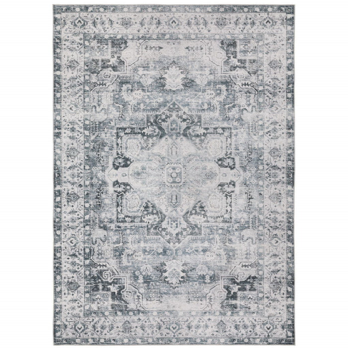 7' x 10' Oriental Printed Stain Resistant Non Skid Area Rug - Navy Blue Ivory And Gray