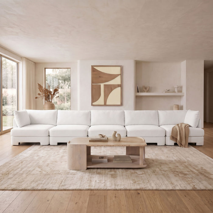 Velvet performance fabric upholstered 5-piece sectional sofa by Meridian Furniture, showcasing plush cushions and modern design.