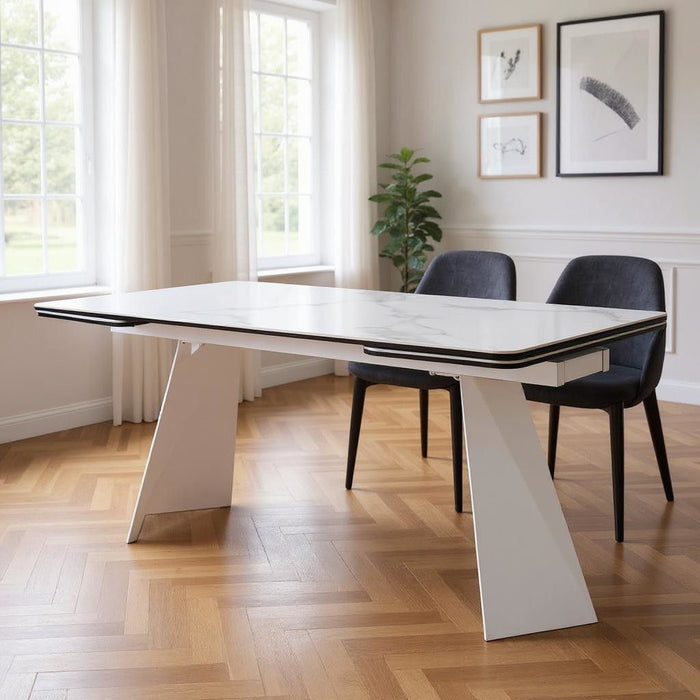 63" Ceramic And Metal Self-Storing Leaf Pedestal Base Extendable Dining Table - White