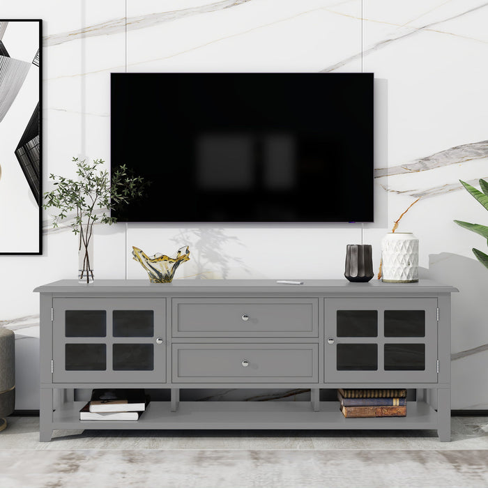 Giga TV stand with sleek panel design, dual drawers, hidden storage, and soft closing doors for modern entertainment spaces.