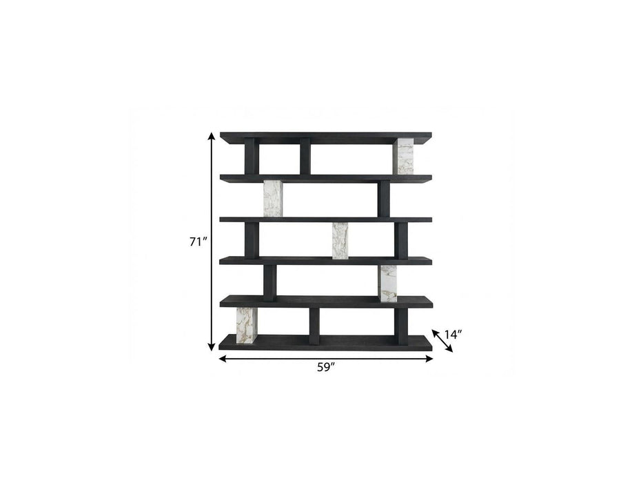 Faux Marble Five Tier Geometric Bookcase - Black / White