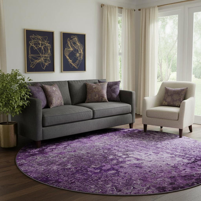 8' Abstract Washable Round Rug With UV Protection (649543) - Purple / Ivory
